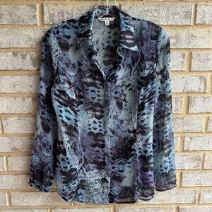 CAbi Long Sleeve Bottons Front Snake Skin Print Sheer Blouse  Women's Size XS.